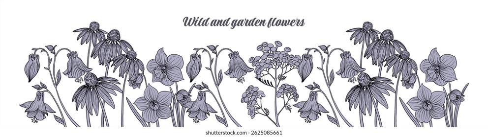 Coleção De Arte Da Linha Wildflower - Elementos Florais Desenhados À Mão. Um belo conjunto de ilustrações de flores silvestres pretas e brancas em estilo de linha minimalista. Perfeito para papelaria de casamento, marca rústica, eco