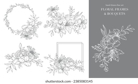 Flores silvestres línea arte. Marcos florales y líneas de arte de Bouquets. Línea fina de flores silvestres marcos de mano con ilustración dibujada. Flores silvestres con contorno de mano. Página de Coloración Botánica. Flores silvestres aisladas