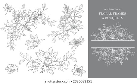 Flores silvestres línea arte. Marcos florales y líneas de arte de Bouquets. Línea fina de flores silvestres marcos de mano con ilustración dibujada. Flores silvestres con contorno de mano. Página de Coloración Botánica. Flores silvestres aisladas