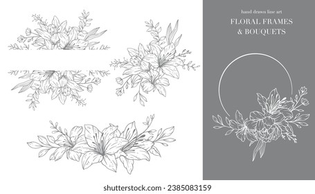 Wildflowers Line Art. Floral Frames and Bouquets Line Art. Fine Line Wildflowers Frames Hand Drawn Illustration. Hand Drawn Outline Wildflowers. Botanical Coloring Page. Wildflowers Isolated