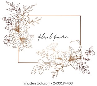 Dibujo de líneas de flores silvestres. Marcos florales en blanco y negro. Floral Line Art. Ilustración de Wildflowers. Flores de contorno dibujadas a mano. Página de Coloración Botánica. Flores de invitación a la boda