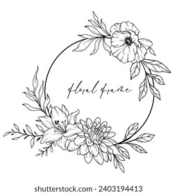 Wildflowers Line Drawing. Black and white Floral Frames. Floral Line Art. Fine Line Wildflowers illustration. Hand Drawn Outline flowers. Botanical Coloring Page. Wedding invitation flowers