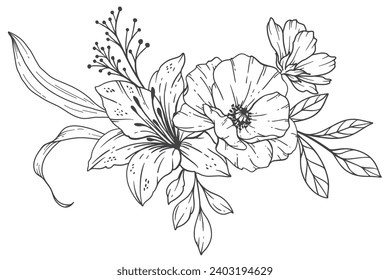 Dibujo de líneas de flores silvestres. Bouquets florales en blanco y negro. Página Coloración de Flores. Floral Line Art. Ilustración de Wildflowers. Flores de contorno dibujadas a mano. Página de Coloración Botánica. 