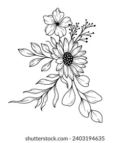 Dibujo de líneas de flores silvestres. Bouquets florales en blanco y negro. Página Coloración de Flores. Floral Line Art. Ilustración de Wildflowers. Flores de contorno dibujadas a mano. Página de Coloración Botánica. 