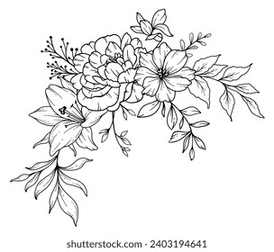 Wildflowers Line Drawing. Black and white Floral Bouquets. Flower Coloring Page. Floral Line Art. Fine Line Wildflowers illustration. Hand Drawn Outline flowers. Botanical Coloring Page. 