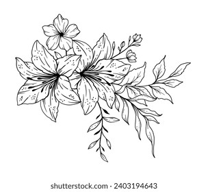 Wildflowers Line Drawing. Black and white Floral Bouquets. Flower Coloring Page. Floral Line Art. Fine Line Wildflowers illustration. Hand Drawn Outline flowers. Botanical Coloring Page. 