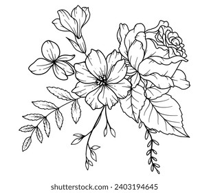 Wildflowers Line Drawing. Black and white Floral Bouquets. Flower Coloring Page. Floral Line Art. Fine Line Wildflowers illustration. Hand Drawn Outline flowers. Botanical Coloring Page. 