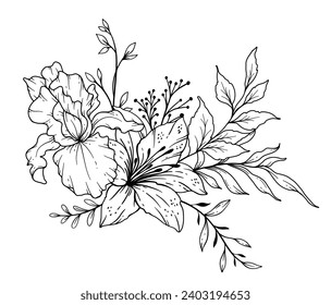 Wildflowers Line Drawing. Black and white Floral Bouquets. Flower Coloring Page. Floral Line Art. Fine Line Wildflowers illustration. Hand Drawn Outline flowers. Botanical Coloring Page. 