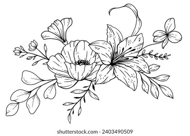 Dibujo de líneas de flores silvestres. Bouquets florales en blanco y negro. Página Coloración de Flores. Floral Line Art. Ilustración de Wildflowers. Flores de contorno dibujadas a mano. Página de Coloración Botánica. 