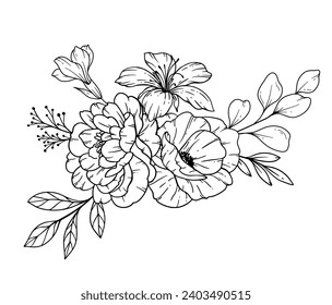 Wildflowers Line Drawing. Black and white Floral Bouquets. Flower Coloring Page. Floral Line Art. Fine Line Wildflowers illustration. Hand Drawn Outline flowers. Botanical Coloring Page. 