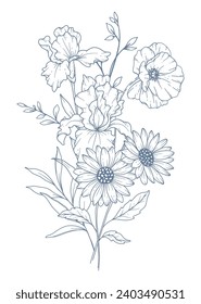 Wildflowers Line Drawing. Black and white Floral Bouquets. Flower Coloring Page. Floral Line Art. Fine Line Wildflowers illustration. Hand Drawn flowers. Botanical Coloring. Wedding invite flower