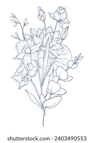 Wildflowers Line Drawing. Black and white Floral Bouquets. Flower Coloring Page. Floral Line Art. Fine Line Wildflowers illustration. Hand Drawn flowers. Botanical Coloring. Wedding invite flower