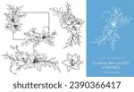 Wildflowers Line Drawing. Floral Frames and Bouquets. Floral Line Art. Fine Line Wildflowers Frames Hand Drawn Illustration. Hand Drawn Outline Wildflowers. Botanical Coloring Page. 