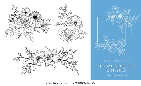 Wildflowers Line Drawing. Floral Frames and Bouquets. Floral Line Art. Fine Line Wildflowers Frames Hand Drawn Illustration. Hand Drawn Outline Wildflowers. Botanical Coloring Page. 