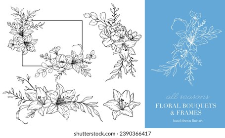 Wildflowers Line Drawing. Floral Frames and Bouquets. Floral Line Art. Fine Line Wildflowers Frames Hand Drawn Illustration. Hand Drawn Outline Wildflowers. Botanical Coloring Page. 