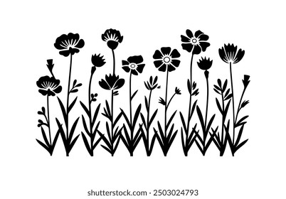 Vector de silueta de prado de flores silvestres, Clipart de siluetas de flores de prado