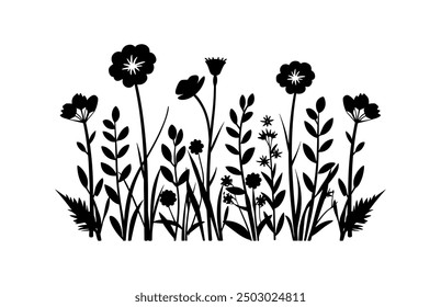 Vector de silueta de prado de flores silvestres, Clipart de siluetas de flores de prado