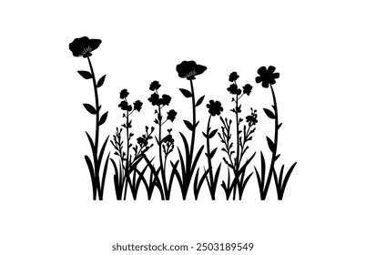 Vector de silueta de prado de flores silvestres, Clipart de siluetas de flores de prado