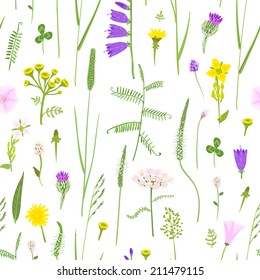 Wildflowers in the naive style, seamless vector pattern, eps10.