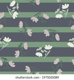 Wildflowers nature seamless pattern with flower ditsy random ornament. Green and purple striped background. Graphic design for wrapping paper and fabric textures. Vector Illustration.