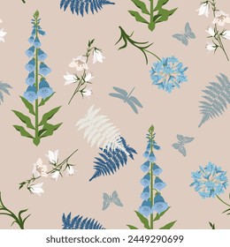 Flores silvestres sobre fondo beige. Verano Ilustración vectorial sin fisuras. Para decorar textiles, empaques.