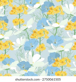 Wildflowers on a blue backdrop. A seamless vector illustration perfect for decorating textiles, packaging, or wallpaper.