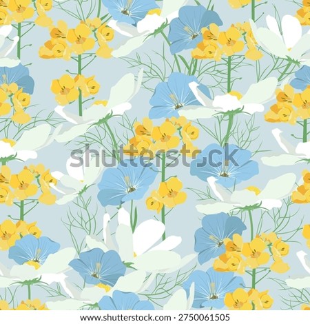 Wildflowers on a blue backdrop. A seamless vector illustration perfect for decorating textiles, packaging, or wallpaper.