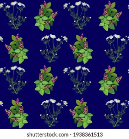 Flores silvestres sobre un fondo azul, textura para el diseño, patrón sin costura, ilustración vectorial