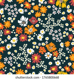 Wildflowers on dark background. Seamless print with  small flowers. Vintage collection. Template for textile design, cards, wallpapers, gift wrappings.