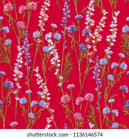 Wildflowers on a red background. Seamless pattern. 