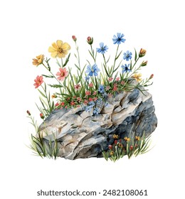 wildflowers on rock vector illustration in watercolor style