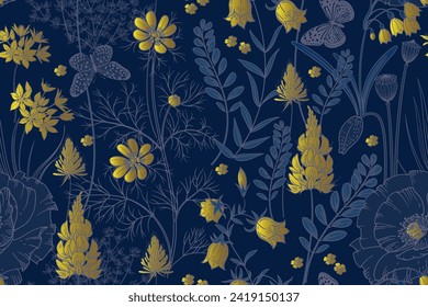 Flores silvestres, hierbas ornamentales y mariposas sobre fondo azul marino. Patrón floral sin fisuras. Ilustración vectorial. Flores ricas. Plantilla para telas, textiles, papel para envolver, papel pintado. Vintage.