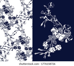 Wildflowers pattern. Blue on a white background. Typographic graphic print, trendy pattern for fabric, packaging, wallpaper.