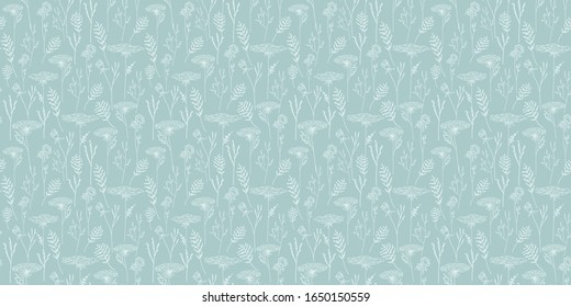 wildflowers pattern on blue background, line contour vector illustration, for design of wallpaper, paper, textile

