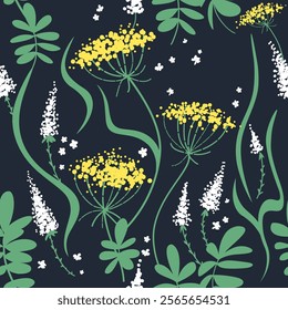 Wildflowers pattern on a dark background. Vector, seamless illustration.