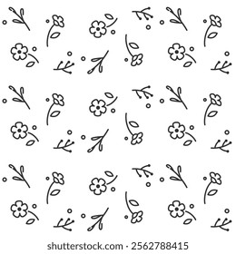 wildflowers pattern, seasonal flowers fabric seamless,  floral branch pattern, spring concept, linear vector illustration eps10