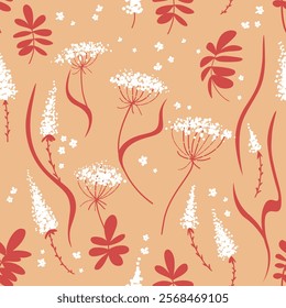 Wildflowers pattern. White flowers and leaves. Vector, seamless illustration. 