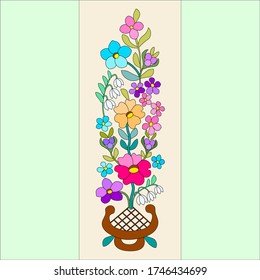 Wildflowers, pink, yellow, purple geranium, white lily of the valley, may-lily, blue forget-me-not, individual elements, parts, ornament,  pattern for embroidery on a belt, tape or tie, folk costume 