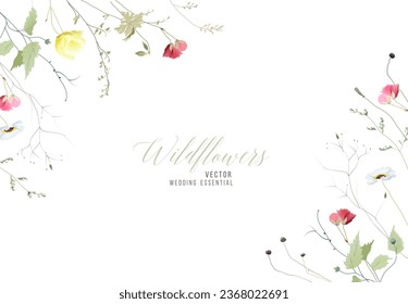 Wildflowers and plants vector design frame. Hand painted meadow branches, flowers, leaves on white background. Greenery wedding invitation. Watercolor style card. Elements are isolated and editable
