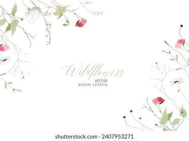 Wildflowers and plants vector design frame. Hand painted meadow branches, flowers, leaves on white background. Greenery wedding invitation. Watercolor style card. Elements are isolated and editable