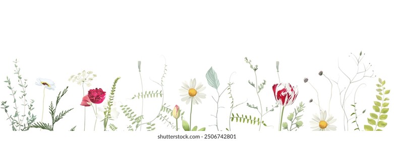 Wildflowers and plants vector design frame. Hand painted meadow branches, flowers, leaves on white background. Greenery wedding invitation. Watercolor style card. Elements are isolated and editable