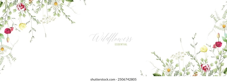 Wildflowers and plants vector design frame. Hand painted meadow branches, flowers, leaves on white background. Greenery wedding invitation. Watercolor style card. Elements are isolated and editable