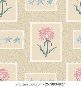 Wildflowers postal stamps seamless pattern. Floral rustic repeat background cover. Surface pattern design flower in frame motif. Vector hand drawn illustration.