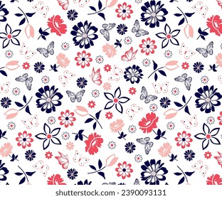 Wildflowers, roses, daisies, butterflies mixed decorative pattern,vector working