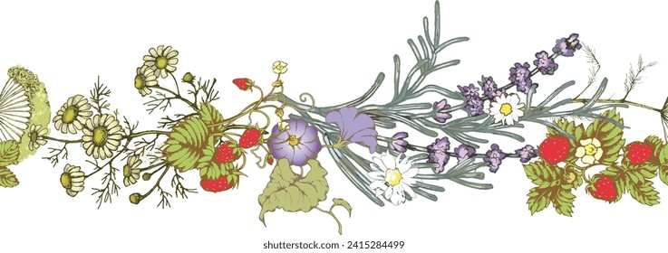 Wildflowers. Seamless abstract border. Suitable for fabric, mural, wrapping paper and the like