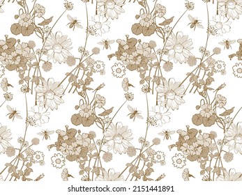 Wildflowers. Seamless abstract pattern. In style Toile de Jou. Suitable for fabric, mural, wrapping paper and the like.