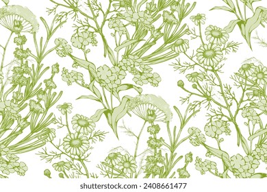 Wildflowers. Seamless abstract pattern. In style Toile de Jou. Suitable for fabric, mural, wrapping paper and the like