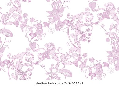 Wildflowers. Seamless abstract pattern. In style Toile de Jou. Suitable for fabric, mural, wrapping paper and the like