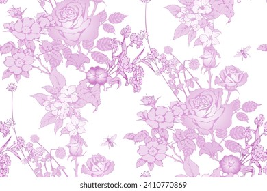 Wildflowers. Seamless abstract pattern. In style Toile de Jou. Suitable for fabric, mural, wrapping paper and the like