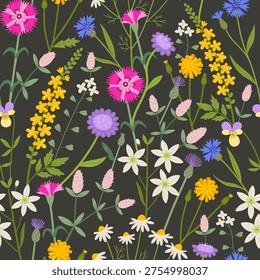 Wildflowers seamless allover pattern. Delicate hand drawn dianthus, cornflower and clover flowers vector print. Botanical spring nature meadow motifs. Seasonal floral blossom background.